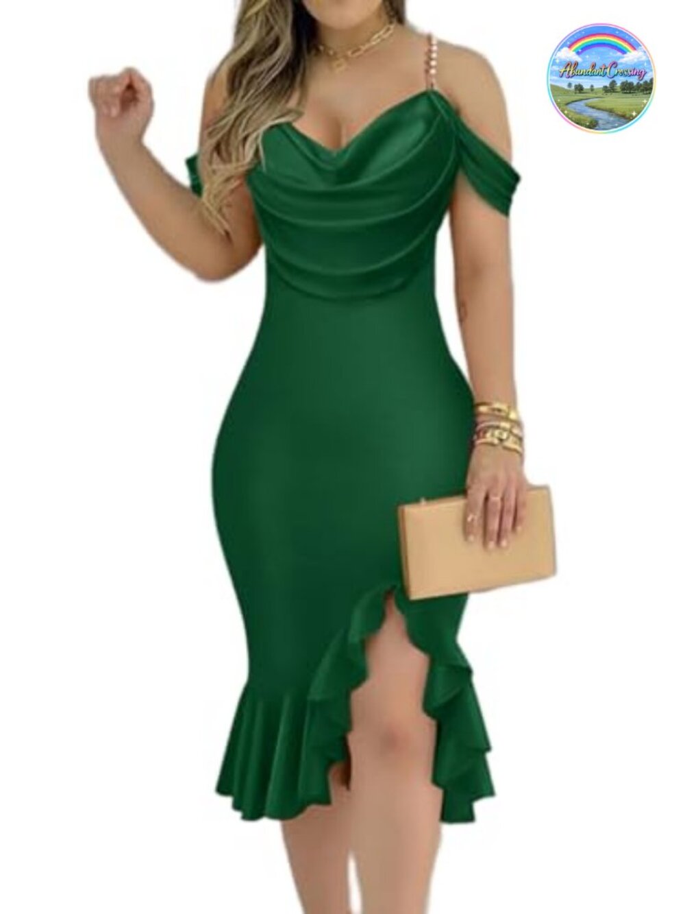 Pearl Strap Bodycon Midi Dress Off Shoulder Ruched Ruffle Hem